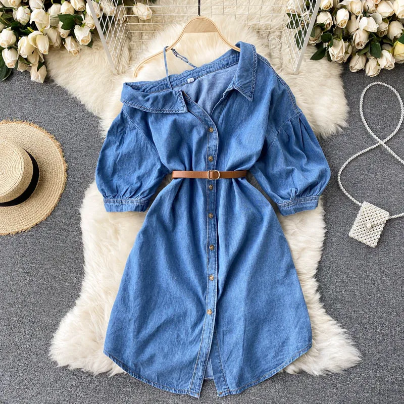 

2021 Spring Summer Solid Color Puff Sleeve Lapel Collar Single Breasted Slim Denim Suspender Dress For Women Streetwear Dress