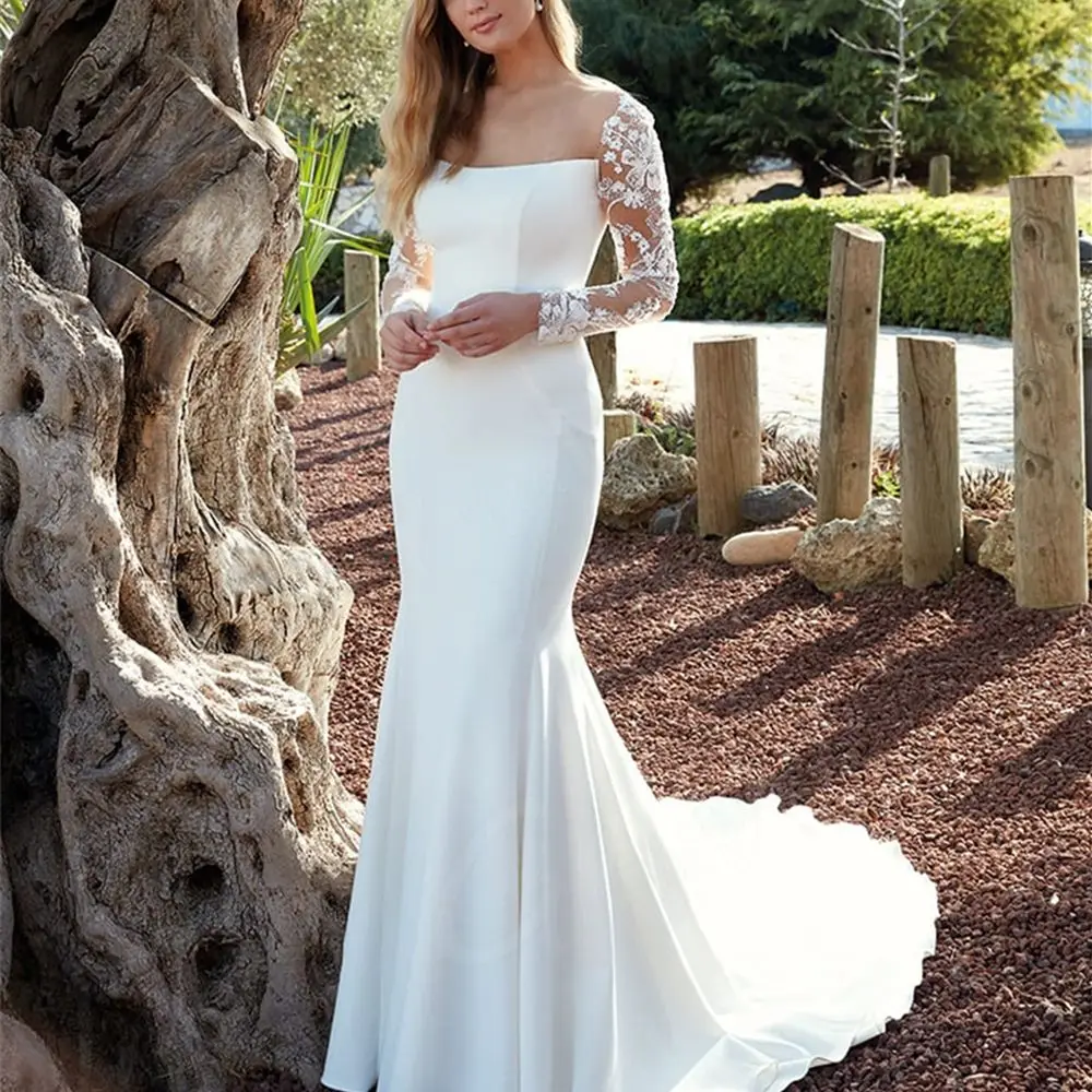 

Modern Simple Satin White Wedding Dress Lace Long Sleeve Bridal Gown Button Backless Appliques Bride Robes Vestido De Novia