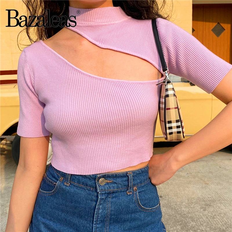 Bazaleas водолазка с вырезами модная Фиолетовая вязаная женская футболка тонкая