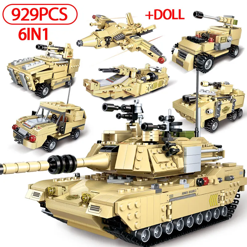 

6 In 1 929PCS M1A2 Main Battle Tank Building Blocks Military WW2 Soldier Figures Model Vehicle Bricks Toys for Boys