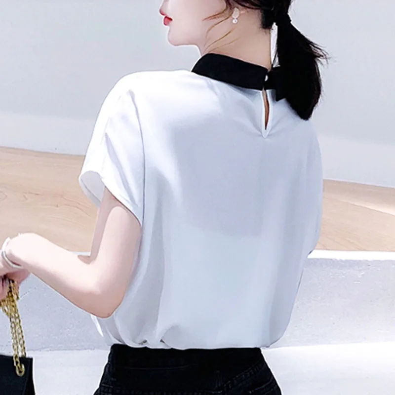 

Casual Fashion Spliced Women Chiffon Short Sleeve Shirt Yellow White Letter Women Clothing Turn-down Collar Women Tops 5383 50