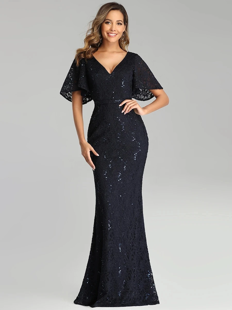 

Ruffle Sleeves Mermaid Lace Long Evening Dresses
