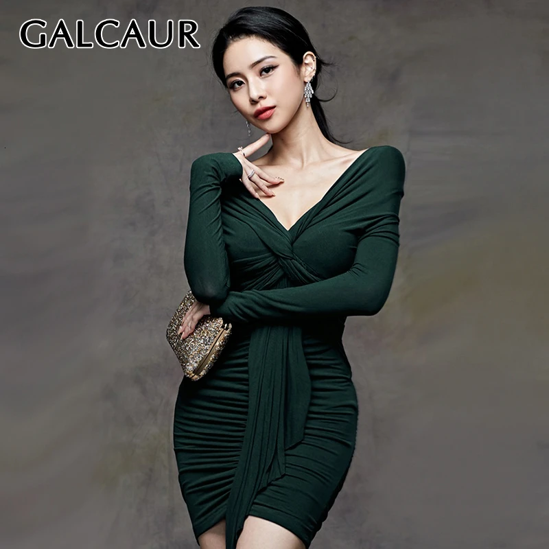 Женское облегающее мини платье GALCAUR с v образным вырезом и длинным рукавом