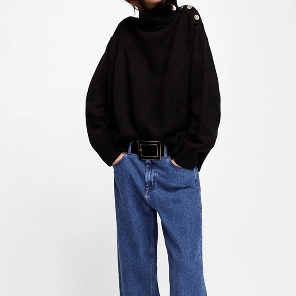 ZA Women's Turtleneck Sweater Five Colors Optional Thick Warm Side Button Decoration Loose Version Regular | Женская одежда