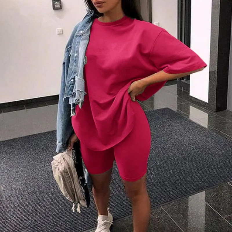 

2021 Trendy Two Piece Women's Shorts Suit Belt Short Sleeve Ladies Sportswear Loose Fashion Riding Multicolor Casual Wear Summer