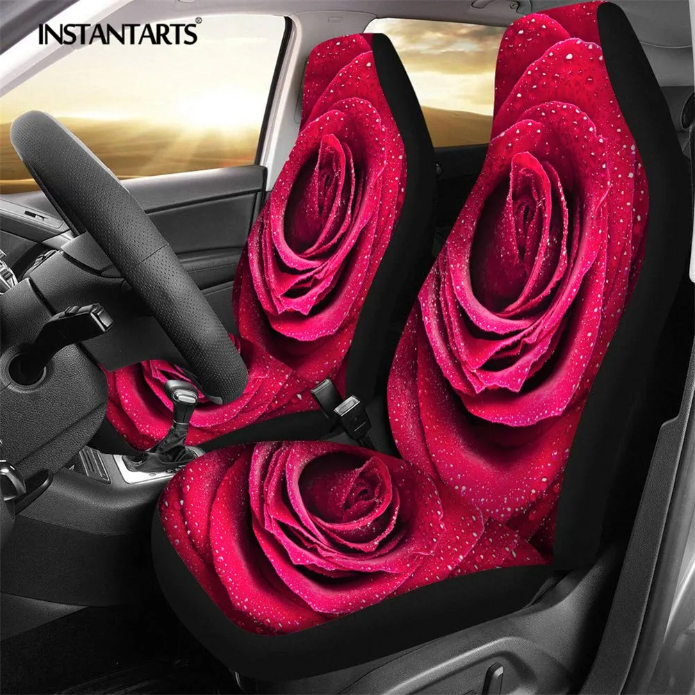 

INSTANTARTS Universal Car Seat Covers Fashion Floral Rose Print 2pcs Auto Seat Cover Set Trendy Interior Accessories for Women