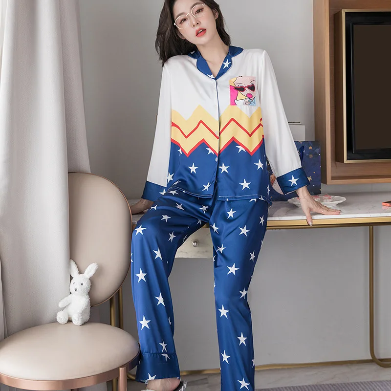 

Spring Autumn Pajamas For Women Temperament Pajama Set Causal Satin Printed Home Suit M L XL XXL