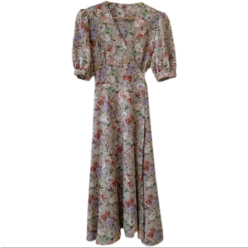 

2021 Summer Chiffon Floral Dress Women Puff Sleeve Vintage Midi Dress Elegant Evening Party One Piece Dress Korean Y984