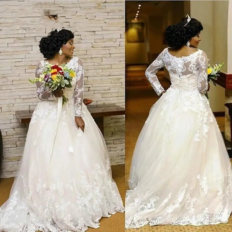 

Lace White Wedding Dresses Long Sleeves Plus Size Bridal Gowns A Line Jewel Neck Covered Button Court Train African Marriage