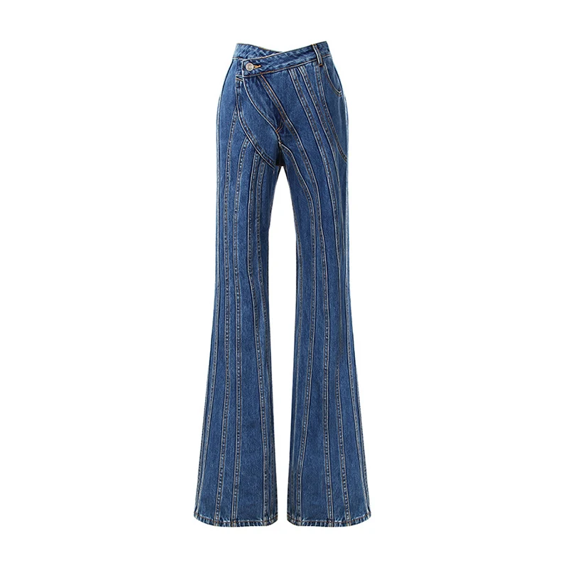 

Asymmetrical Spliced Oblique Waist Jeans Placket Trousers New Loose Fit Pants Women Fashion Tide Spring Autumn 2021