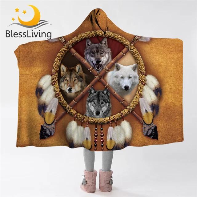 BlessLiving Wolves Dreamcatcher Hooded Blanket Wolf Throw Blanket Sherpa Fleece 3D Animal Tribal Wearable Blanket 150x200 1