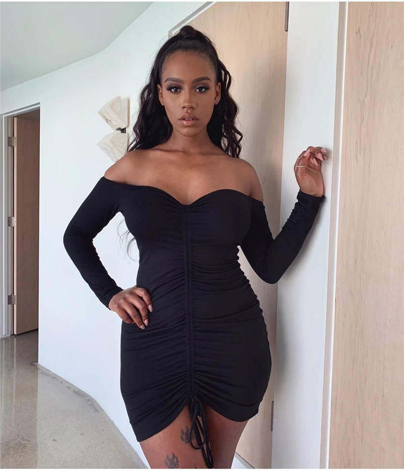 Невозьму 2 слоя осеннее платье Для женщин с открытыми плечами Drawstring Ruched Bodycon платье женские вечерние Клубные пикантные зимнее платье