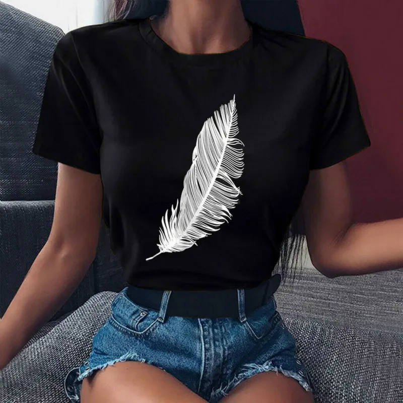 

2021 Women Casual Harajuku Fashion T-shirt Feather Print Loose O-neck Short Sleeve Elastic Stretched Summer Home New Tee Shirt