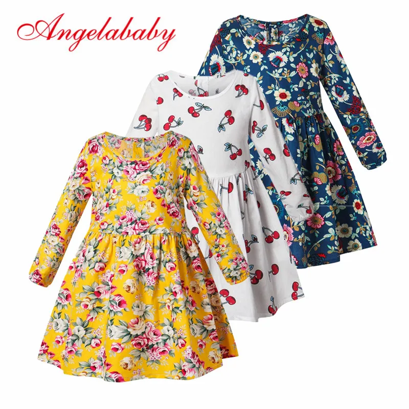 Детская одежда для девочек Осеннее платье с цветочным рисунком Платья принцессы