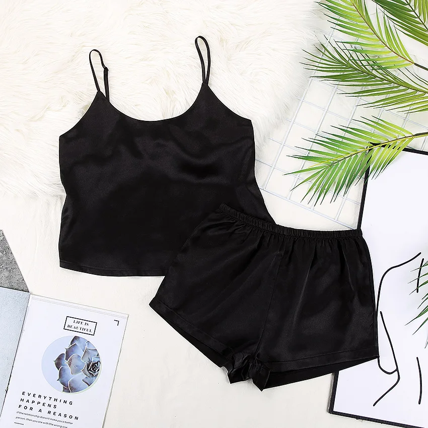 Women Satin Pajamas Sexy Lace at the Back Spaghetti Strap and Shorts&Long Pants Multiple Color Sleepwear Ladies Homewear