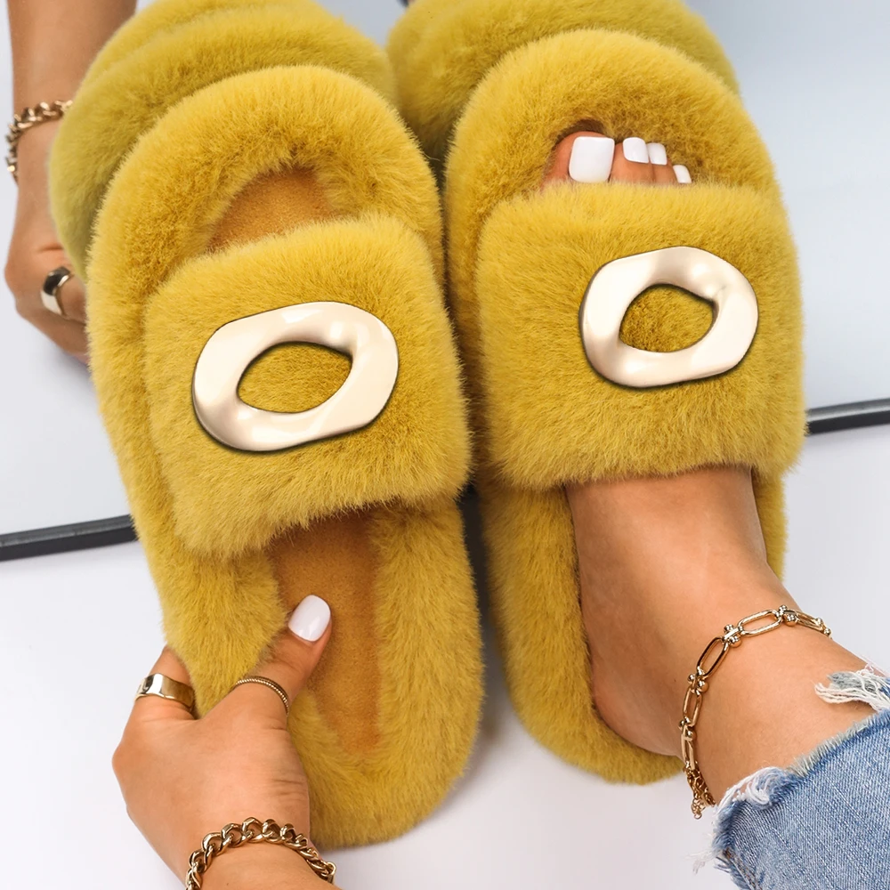 Women's Fluffy Slippers Fashion Irregular Geometric Faux Fur Slides Designer Platform Fur Sandals Cozy Slippers Casual Shoes