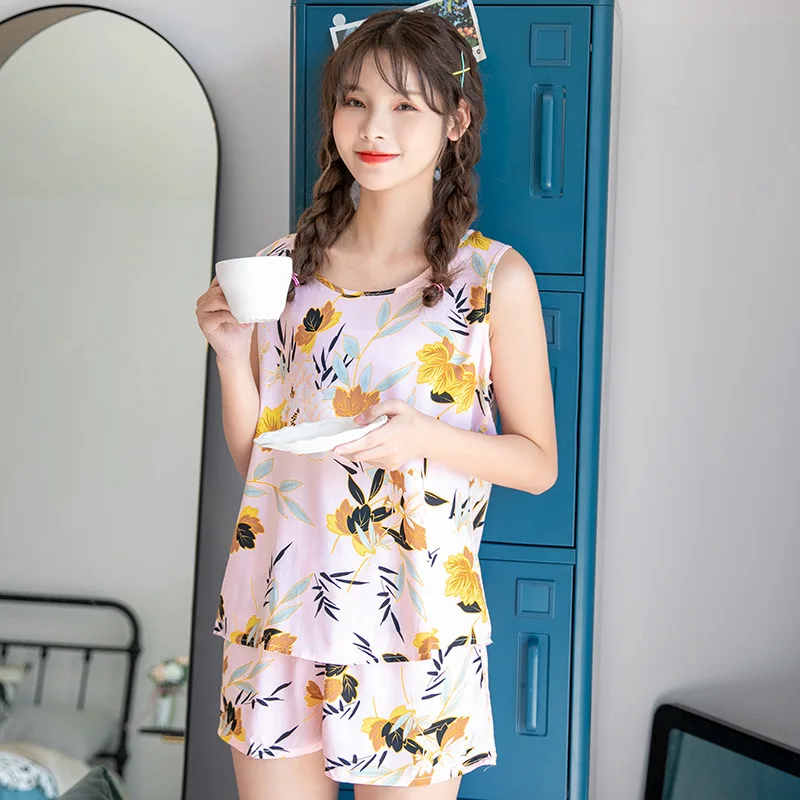 

Женский пижамный комплект Slimmy, милая Домашняя одежда без рукавов, летний сексуальный ночной топ и шорты, комплект, Женская комфортная одежд...