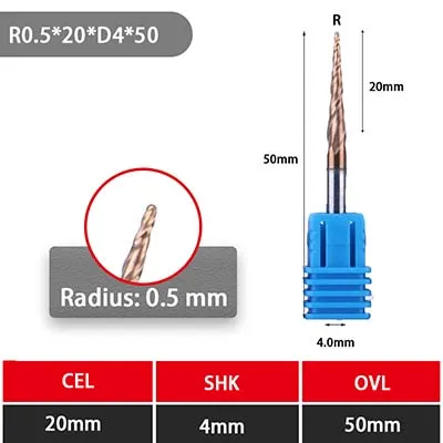 UCHEER 1 шт. 4 мм 6 мм со скошенным шариковым наконечником Концевая мельница Вольфрам прочные, покрытые карбоном конус cnc фрезерные деревообрабатывающие станки Гравировальный Бит - Длина режущей кромки: R0.5-20l-D4-50L