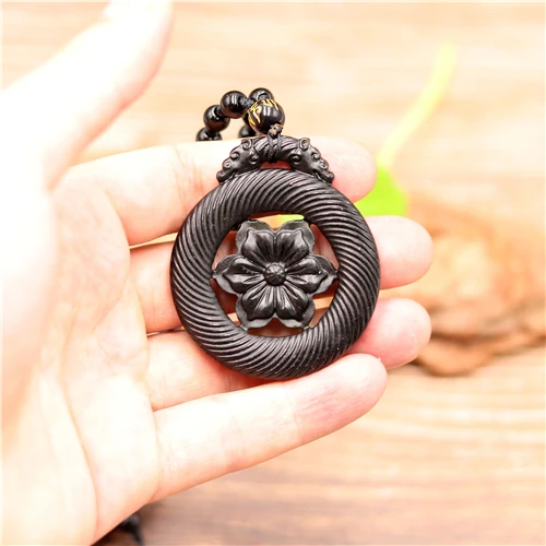 Натуральный черный зеленый китайский нефрит двусторонний резной цветок кулон