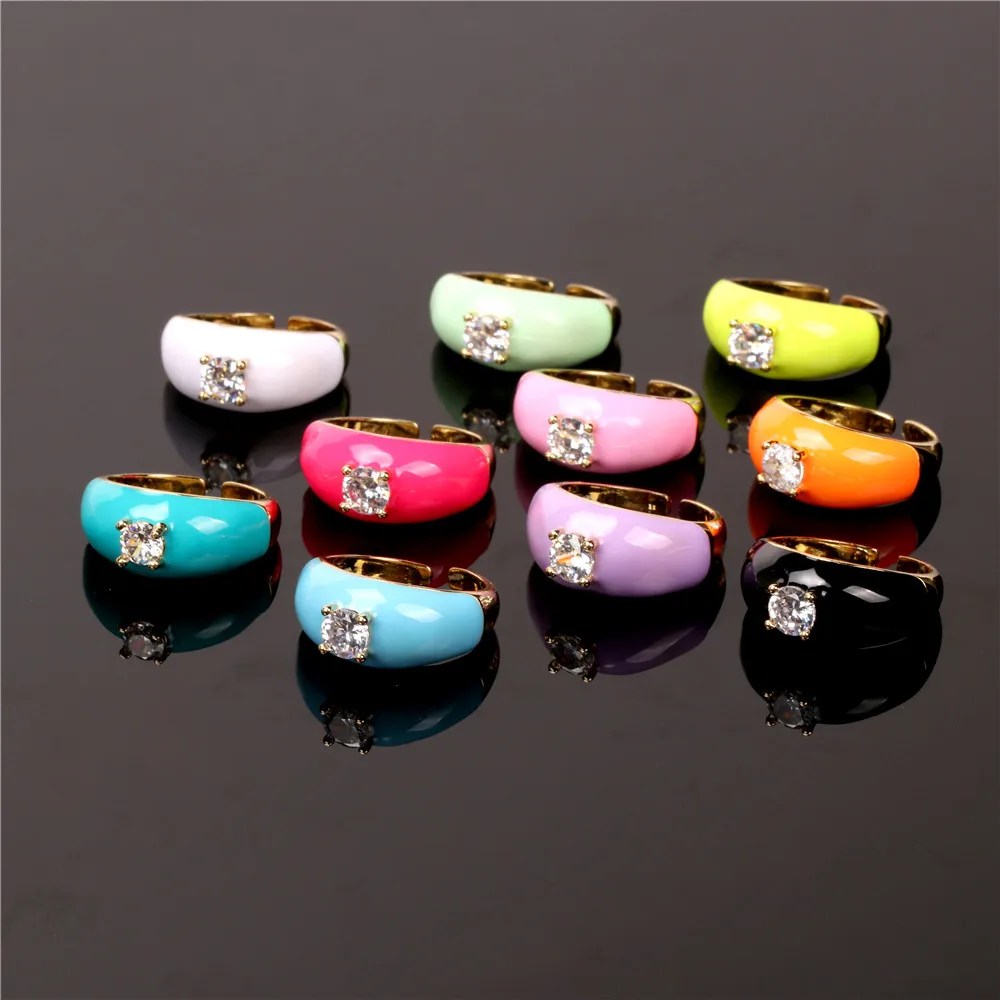 Multicolor Enamel Oil Dripping Zircon Women's Open Ring Adjustable Gold-plated Charm Finger Party Jewelry Gift | Украшения и