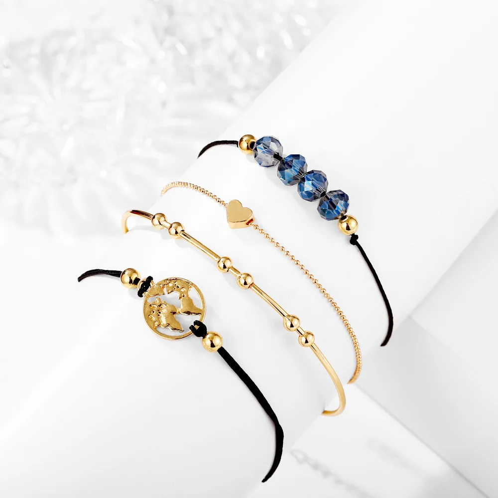 Женский набор браслетов в богемном стиле золотых с сердечками картой бусинами из