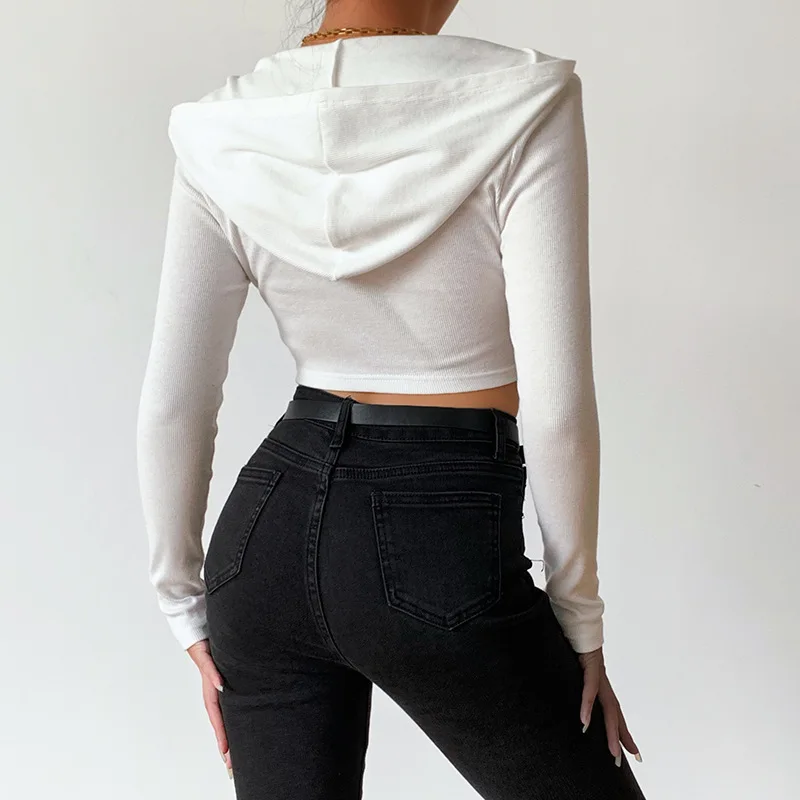 

Fashion Women 2022 knitting Casual Hooded Zipper Long Sleeve Short Tops Screw Thread Deep V-neck Autumn and Winter Tops