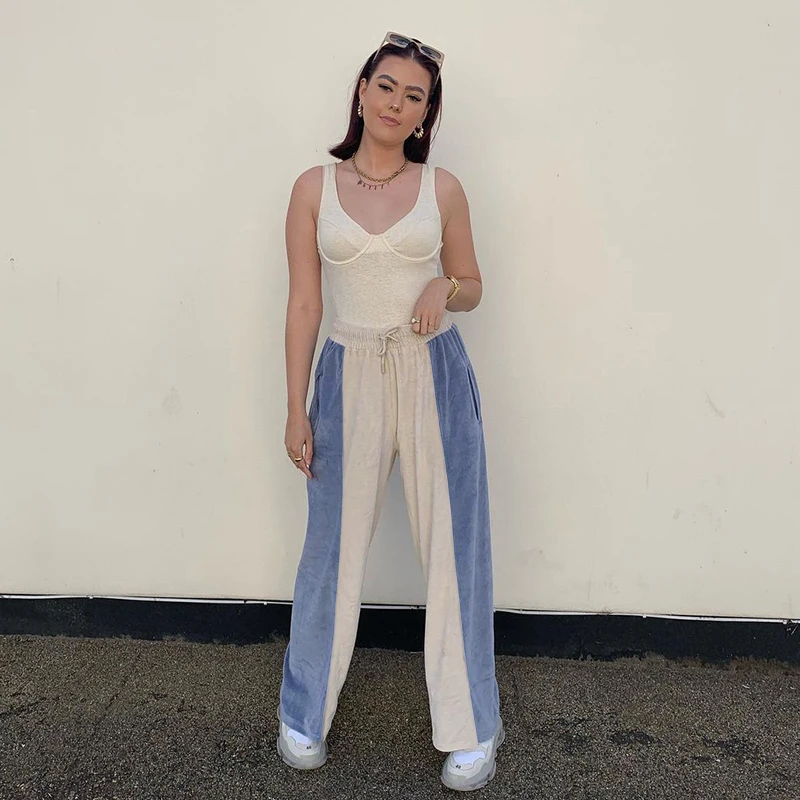 

JIAK Letter Embroidery Velvet Y2K Pants Women Patchwork Casual Fitness High Waist Trousers Skinny Streetwear Wide Bottoms