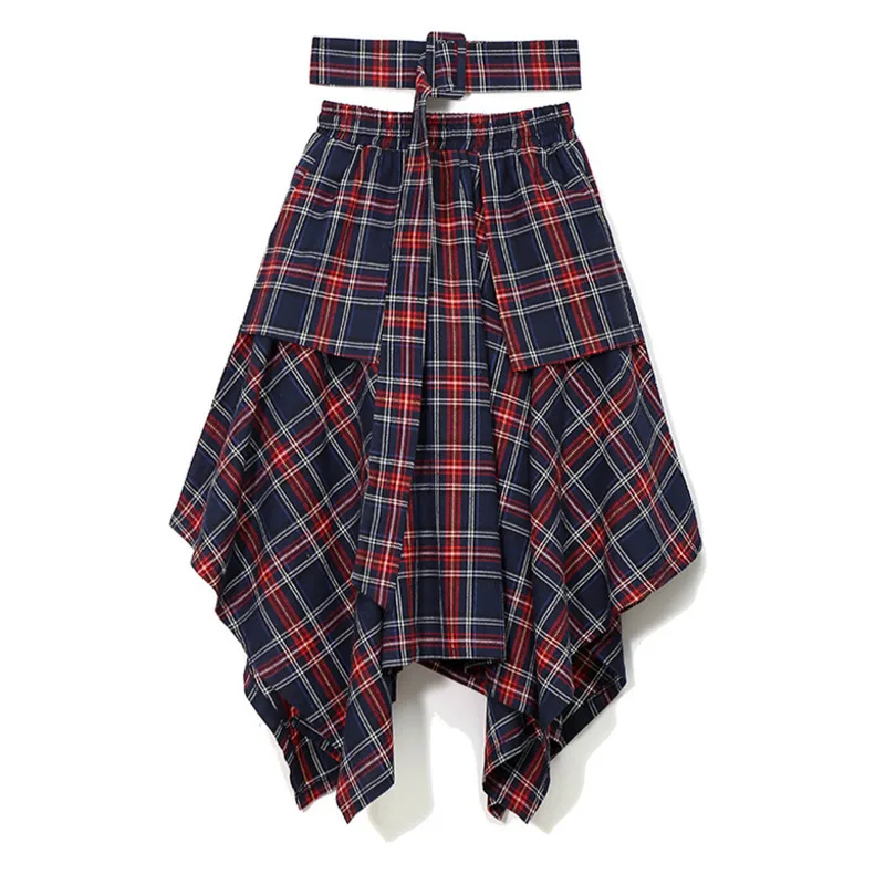 

IEQJ 2021 New Fashion Spring High Waist Plaided Asymmetrical Spliced Pocket Spliced Halfbody Skirt Female Tide JD40205