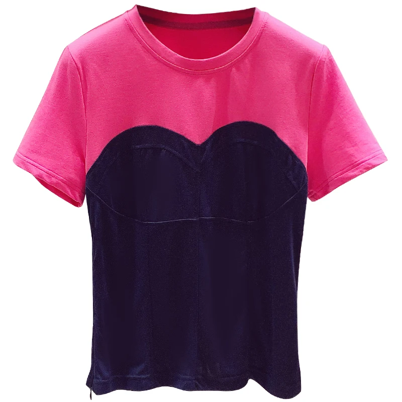 

Women's T Shirts 2021 Summer New Fashion Color Contrast Fake Two-Piece Top Round-Neck Short Sleeve Tees Camisetas De Mujer