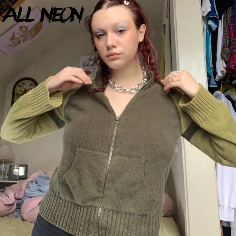 

ALLNeon Y2K Goblincore Aesthetics Patchwork Zipper Knitted Cardigans Fairy Grunge Retro Big Pockets Long Sleeve Green Sweaters
