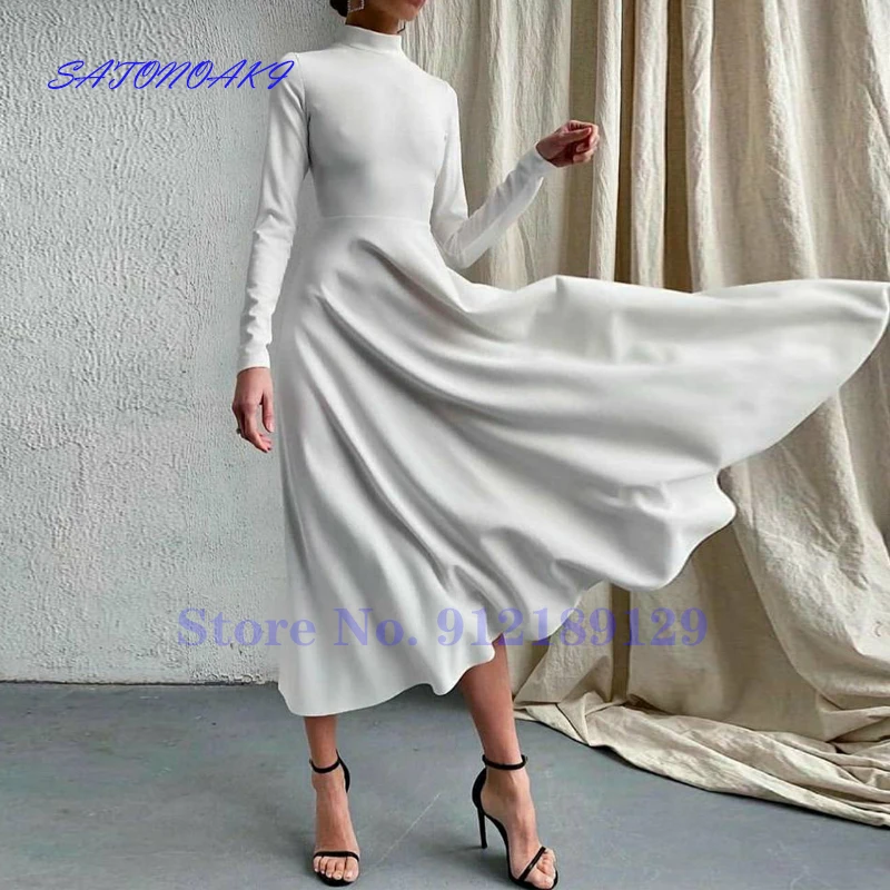 

Vestidos De Novia Vintage Ivory A-Line Long Sleeve Satin High Neck Wedding Dress Tea Length Bridal Gown for Women Robe De Mariée