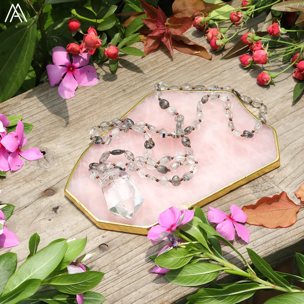 

Natural White Quartz Double Point Pendant 8mm Black Rutilated Quartz Nugget Chip Beads Knotted Handmade Necklace 32 Inch Long