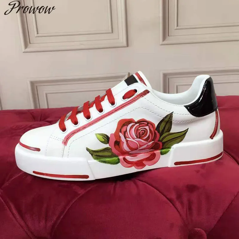 

Prowow Casual Designer Lady Fashion Women Shoes White Genuine Leather Graffiti Patchwork Trainer Lace Up Shoes for Woman