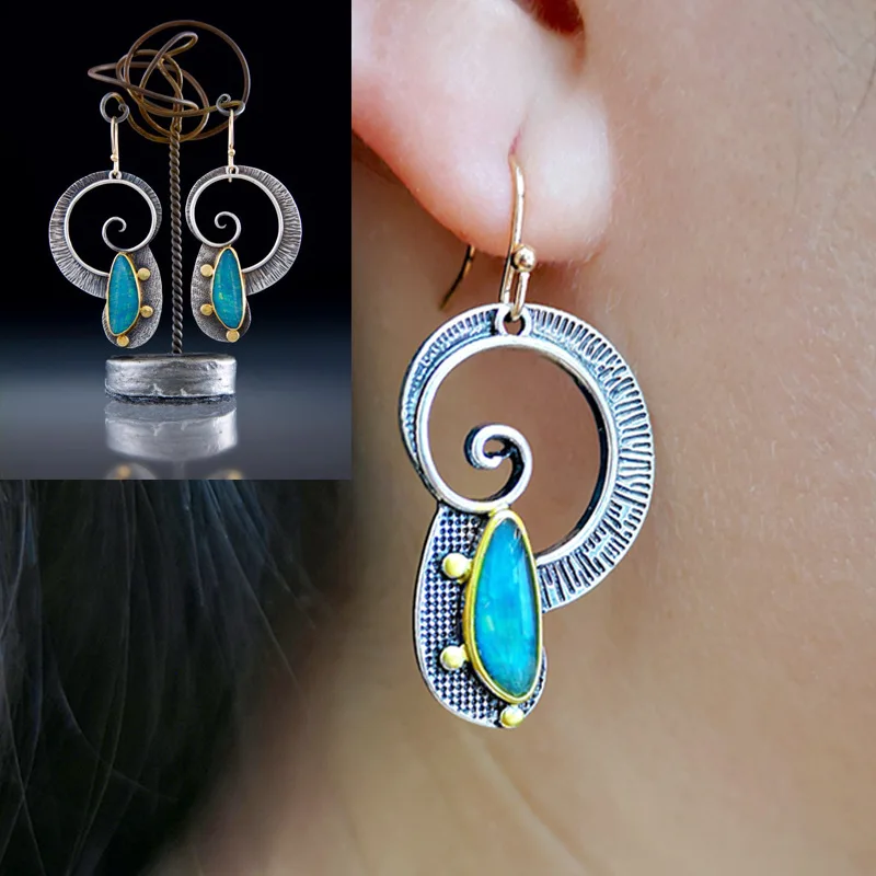 

New vintagr earrings European and American creative spiral drop-shaped green synthetic Orbo earrings ladies jewelry