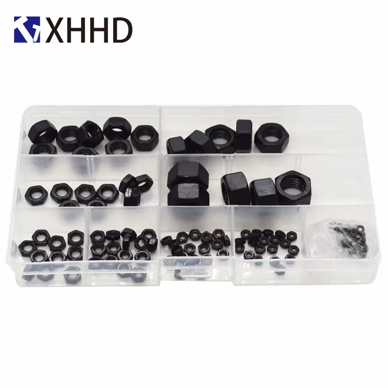 Черный кабон стали шестигранная гайка Ассортимент Комплект M2 M2.5 M3 M4 m5 m6 m8 m10 m12 |