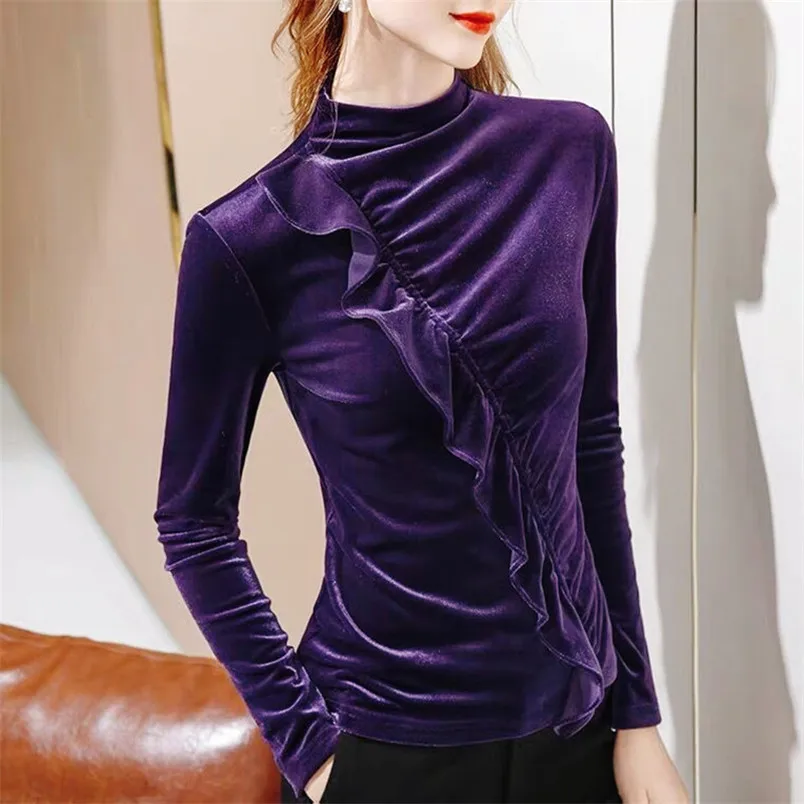 

Autumn Oblique Ruffle Fashion Tops Women' Designed Blouses 2022 Winter Turtleneck Long Sleeves Casual Shirt Female Solid Velvet