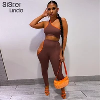 sisterlinda casual fitness tracksuit two piece sets one shoulder asymmetry tank topshollow trousers female matching streetwear