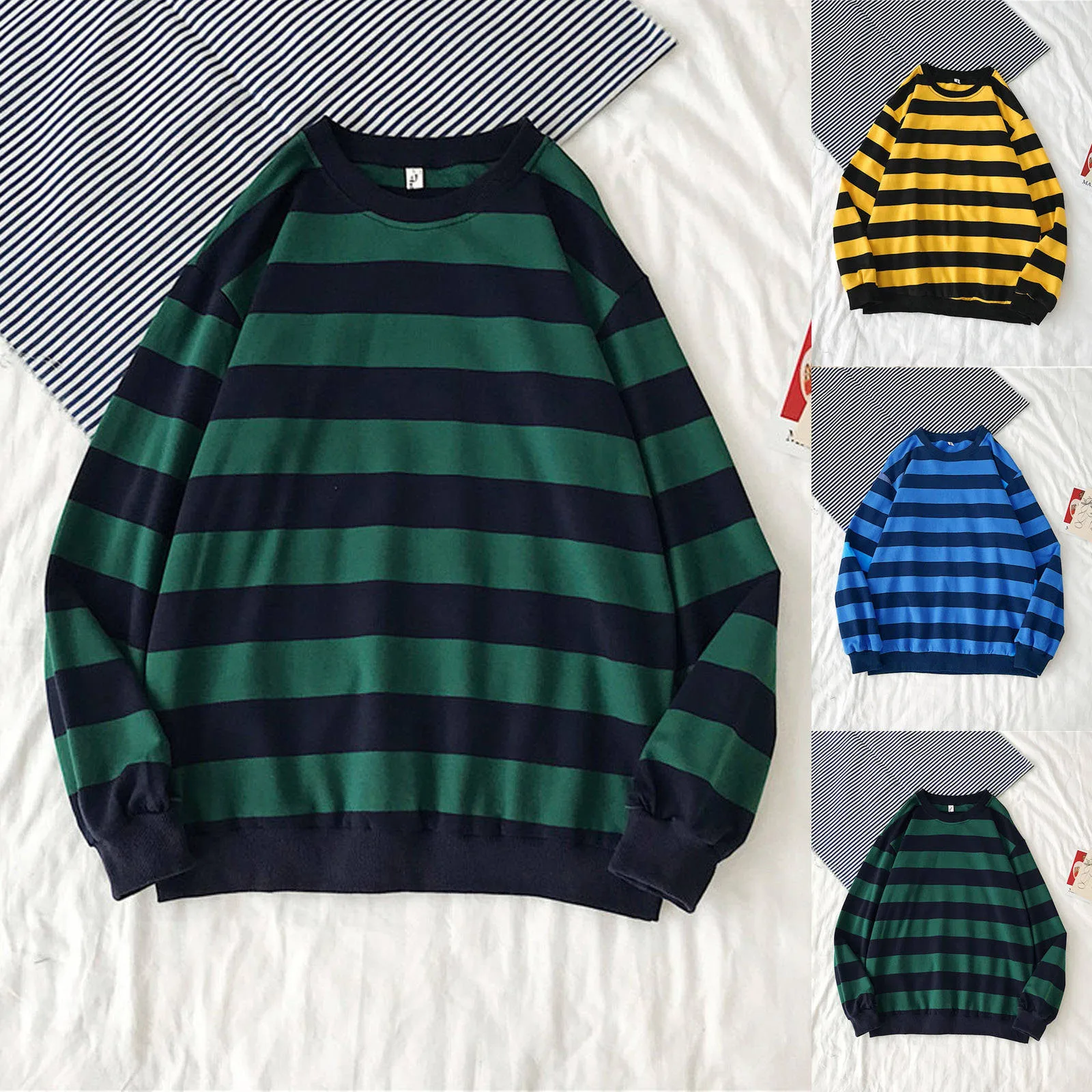 

Autumn Winter Round O-Neck Stripe Sweatshirt For Women Oversized Pullover Tops Female Long Sleeved Hoodies Moletom Feminino