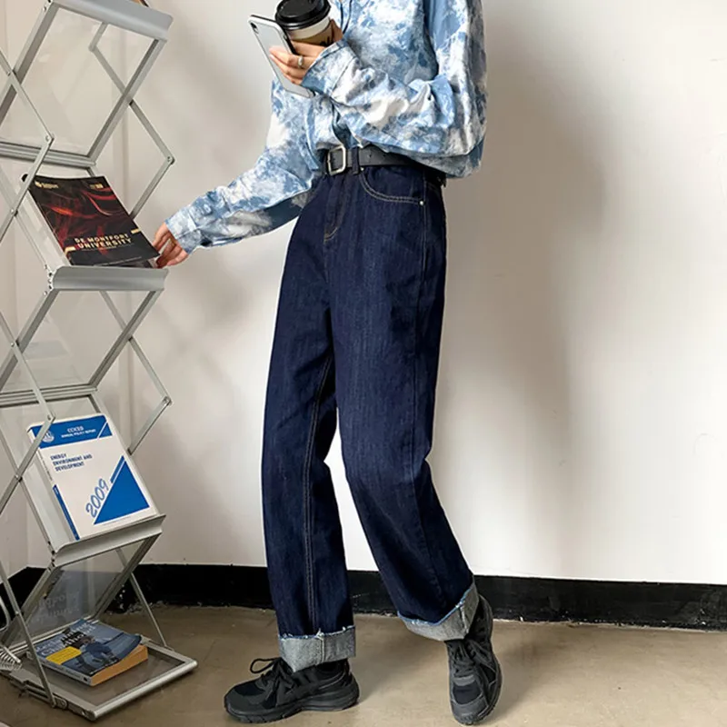 

Женские джинсы с высокой талией, джинсовая одежда с широкими штанинами, синяя уличная одежда, винтажные Качественные прямые брюки в стиле Х...