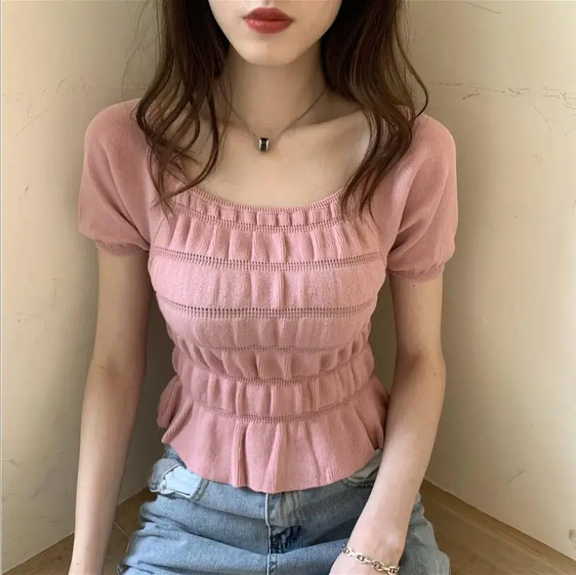 

2021 Summer Korean Square Neck Slim Puff Sleeve Fashion T-shirt Short Bottoming Sweater Top Women's Clothing Woman Tshirts