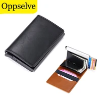 leather wallet rfid blocking switch sliding card case alloy automatic pop up credit card holder business bank card protector
