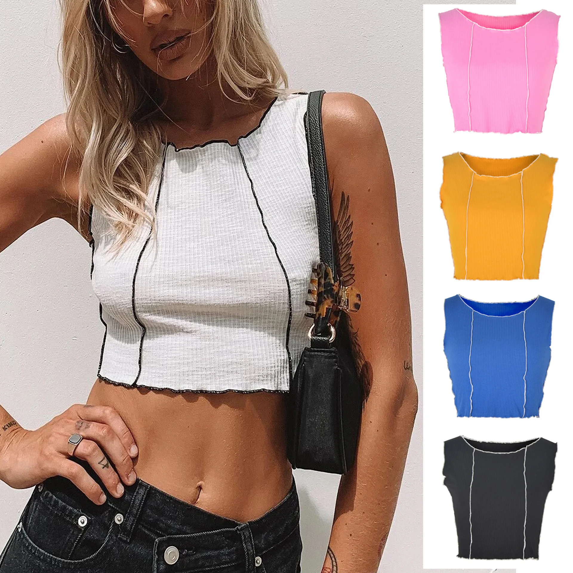 

2021 New Patchwork Tank Top Women Fashion O Neck Knitted Crop Top Slim Sleeve Free Casual Solid Color Short Summer Women Clothes