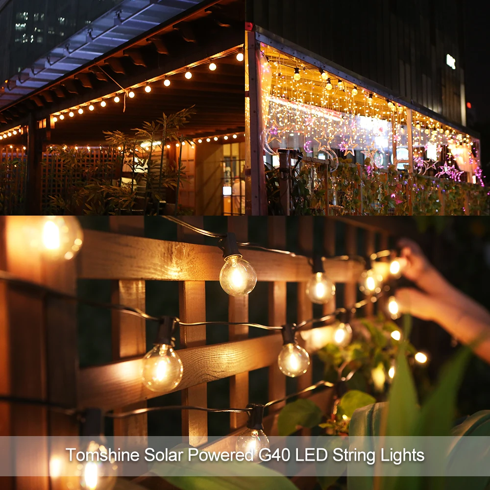 

Tomshine Solar Powered G40 LED String Lights 7.62m/25ft 25 Sockets 27 Bulbs Warm White IP45 Fairy Hanging solar Light for Garden