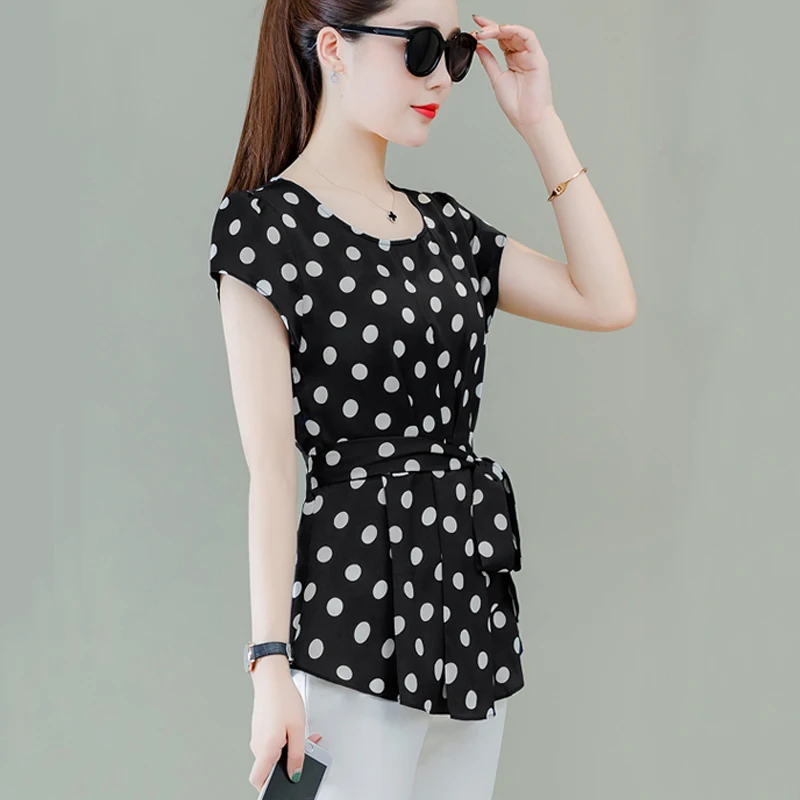 Женская шифоновая блузка в горошек с коротким рукавом | одежда
