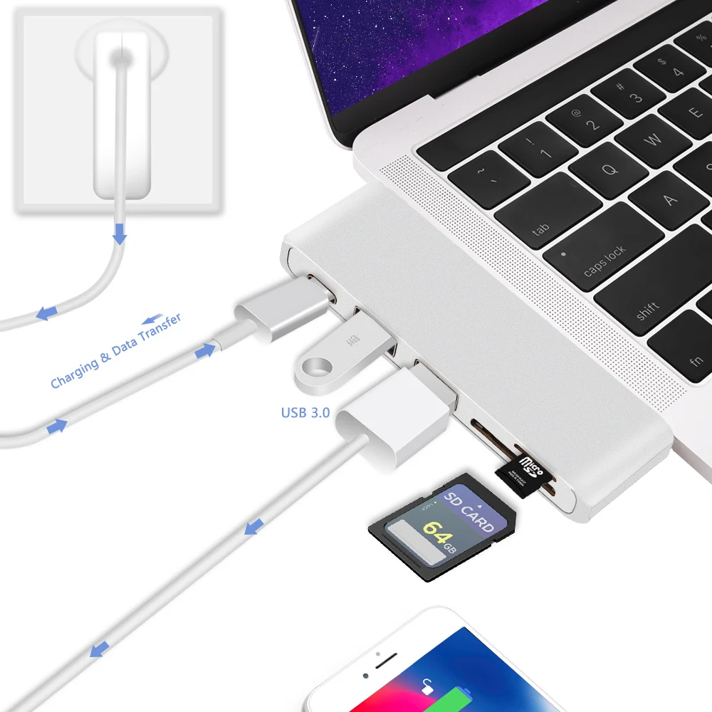 Redlai USB C концентратор для MacBook Air Pro Retina 13 дюймов /// Тип-C USB Hub адаптер с 2 портами(стандарт 3,0 Порты, PD, светодиодный дисплей, SD/TF Card Reader устройство чтения карт
