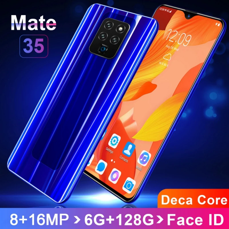 Mate35, 6,3 дюймов, 4G, смартфон, 6 ГБ ОЗУ, 128 Гб ПЗУ, экран капли воды, мобильный телефон, Распознавание отпечатков пальцев и лица, разблокировка, сотовый телефон