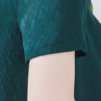 VOA Contrast Edge Kimono Collar Short Sleeve Chest Fold A Version Dark Green Floral Dark Pattern Sweet Youth Silk T Shirt B51