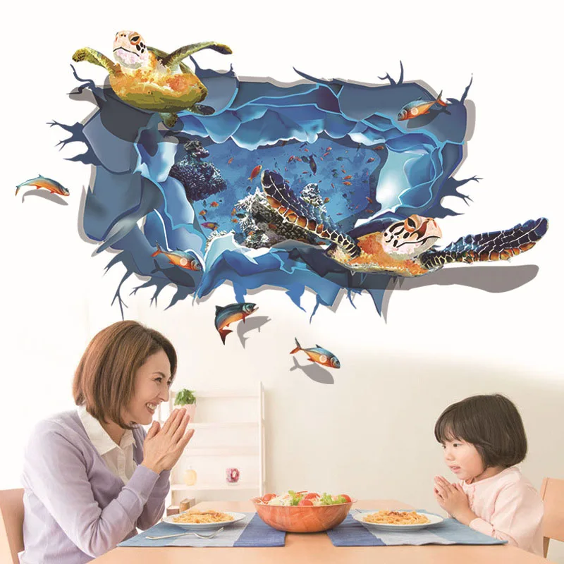 3d наклейка на стену в виде черепахи из синего моря|Наклейки стену| |