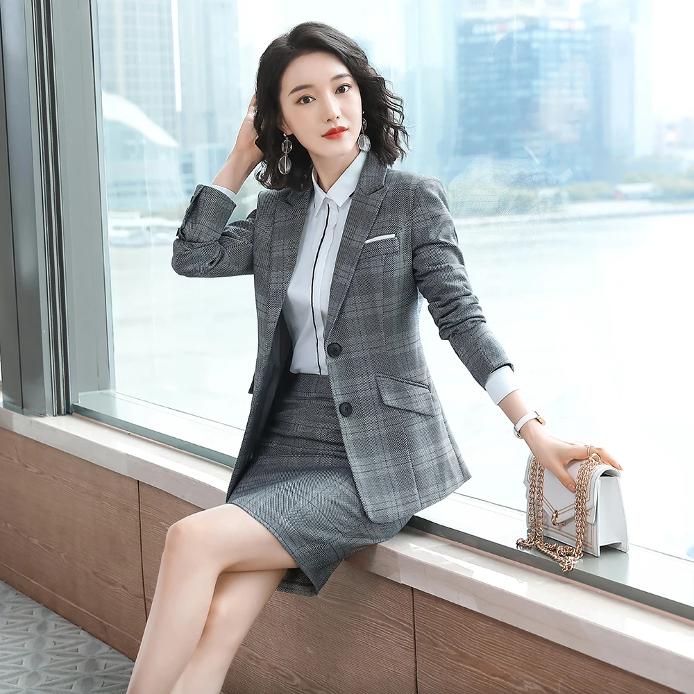 

2020 New Autumn Winter Grid Single-breasted Office Ladies Women Suits Dress Blazer Skirts 2 Pieces Sets Plus Size S-4XL Clothes
