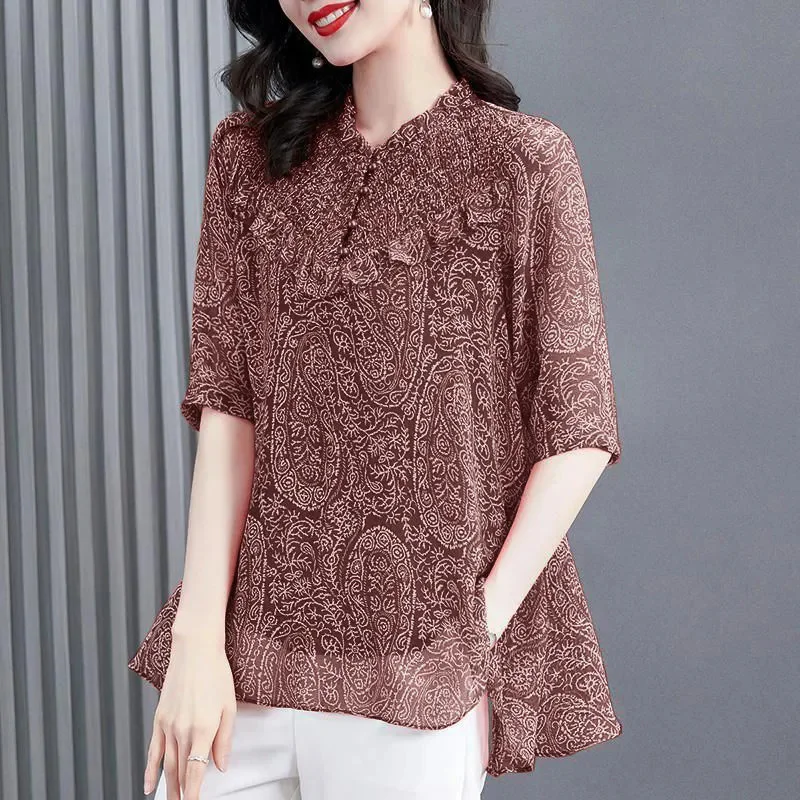 

Ladies All-match Chiffon Blouse Shirt Floral Summer 2021 New Sweet Loose Large Size Round Neck Small Shirt Maternity Top LB863